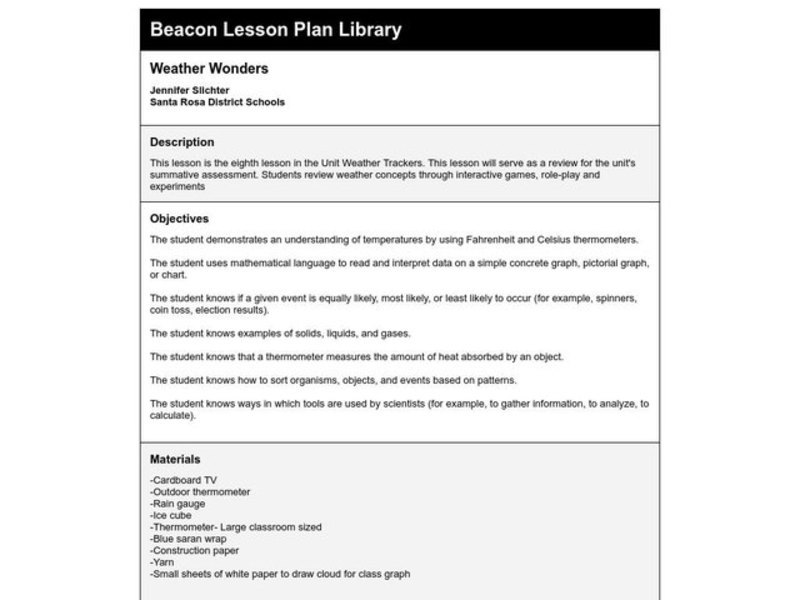 Weather Wonders Lesson Plan Weather Wonders Lesson Plan