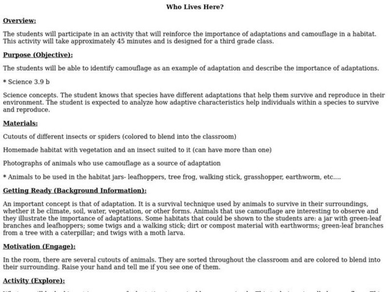 Who Lives Here? Lesson Plan Who Lives Here? Lesson Plan