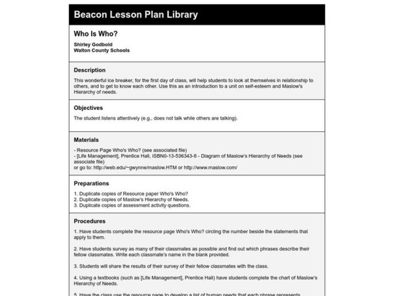 Who Is Who? Lesson Plan Who Is Who? Lesson Plan