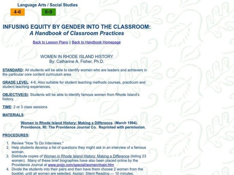 WOMEN IN RHODE ISLAND HISTORY Lesson Plan WOMEN IN RHODE ISLAND HISTORY Lesson Plan