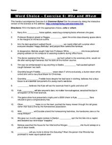 Word Choice: Who and Whom Worksheet Word Choice: Who and Whom Worksheet
