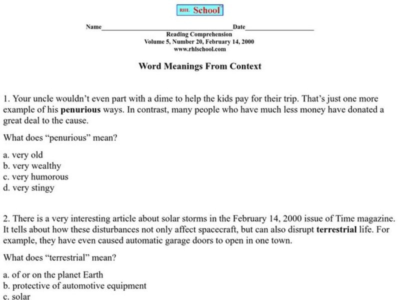 Word Meanings From Context Worksheet Word Meanings From Context Worksheet