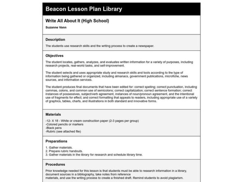 Write All About It Lesson Plan Write All About It Lesson Plan