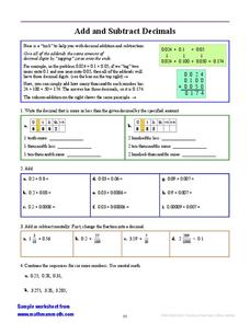 Add and Subtract Decimals Worksheet Add and Subtract Decimals Worksheet