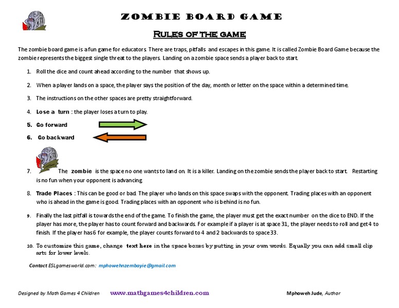 Zombie Board Game Worksheet Zombie Board Game Worksheet