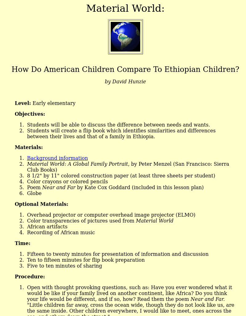 How Do American Children Compare To Ethiopian Children? Lesson Plan How Do American Children Compare To Ethiopian Children? Lesson Plan