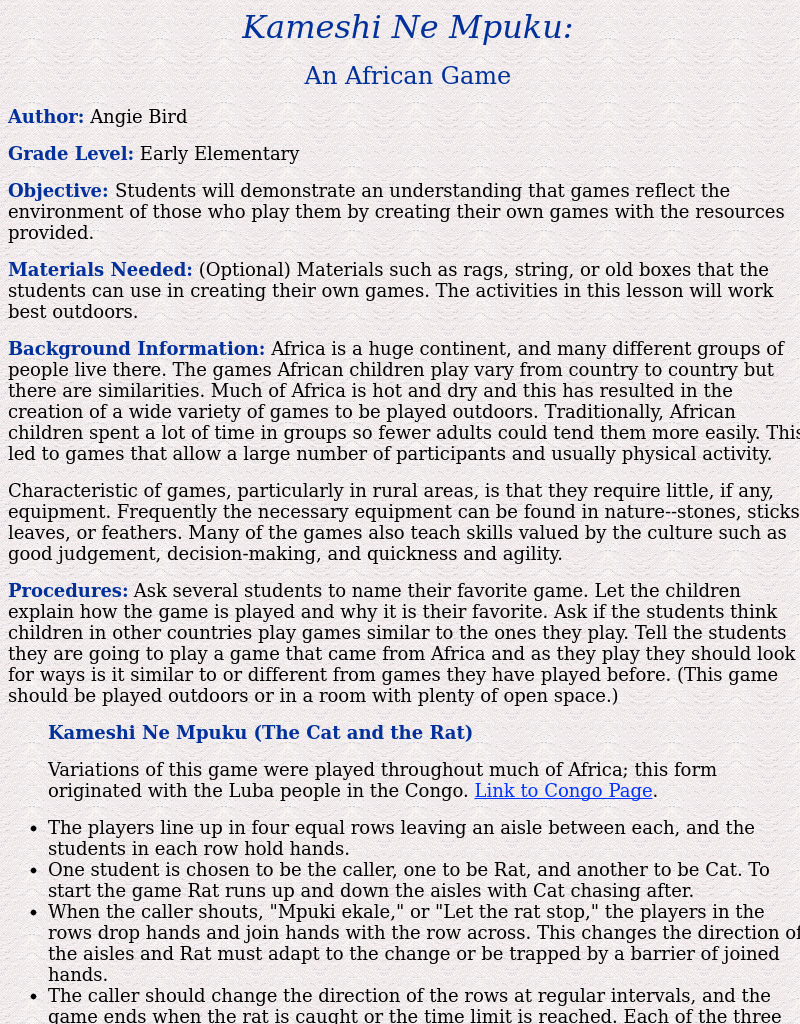 Kameshi Ne Mpuku: An African Game Lesson Plan Kameshi Ne Mpuku: An African Game Lesson Plan