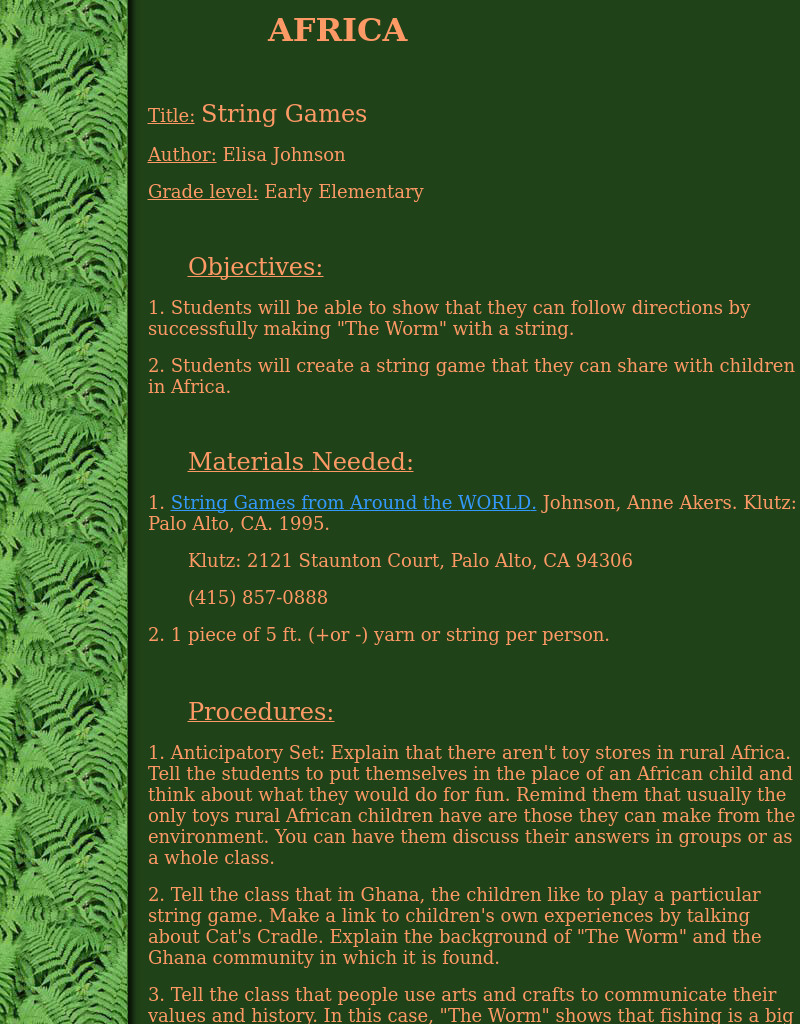 String Games Lesson Plan String Games Lesson Plan