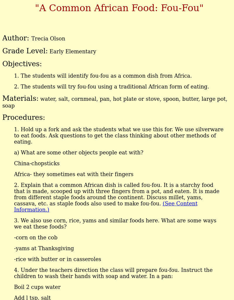 A Common African Food: Fou-Fou Lesson Plan A Common African Food: Fou-Fou Lesson Plan