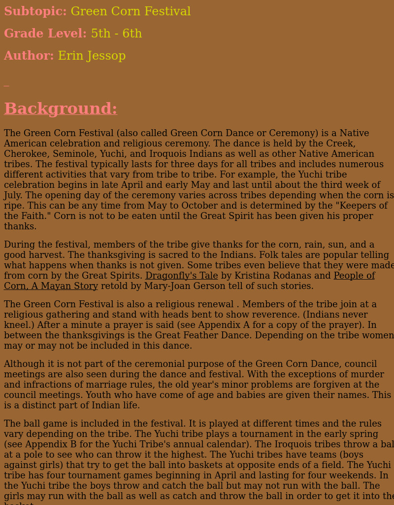 Green Corn Festival Lesson Plan Green Corn Festival Lesson Plan