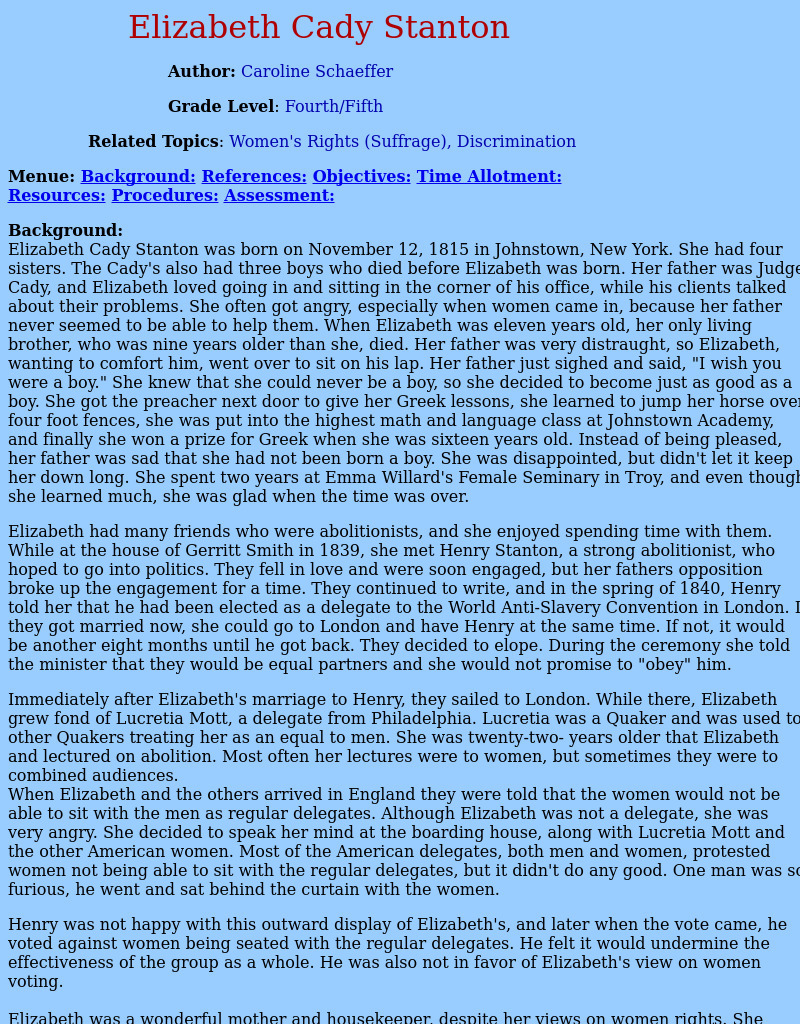 Elizabeth Cady Stanton Lesson Plan Elizabeth Cady Stanton Lesson Plan