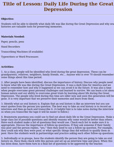 Daily Life During the Great Depression Lesson Plan Daily Life During the Great Depression Lesson Plan