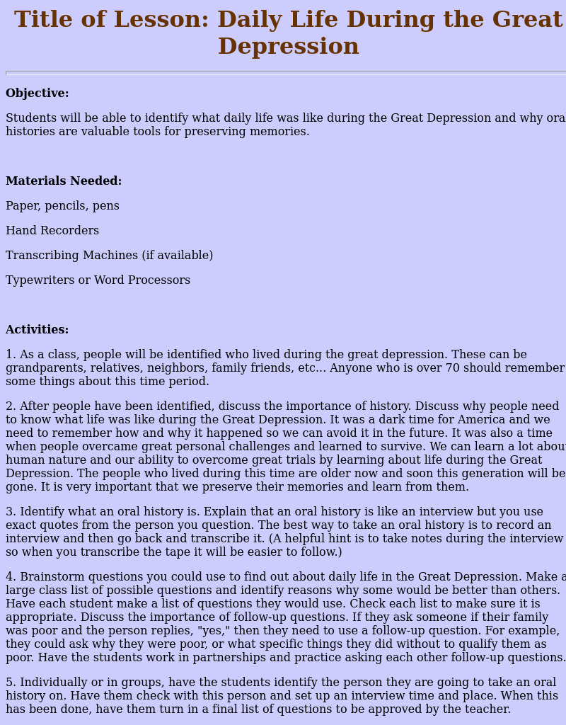 Daily Life During the Great Depression Lesson Plan Daily Life During the Great Depression Lesson Plan