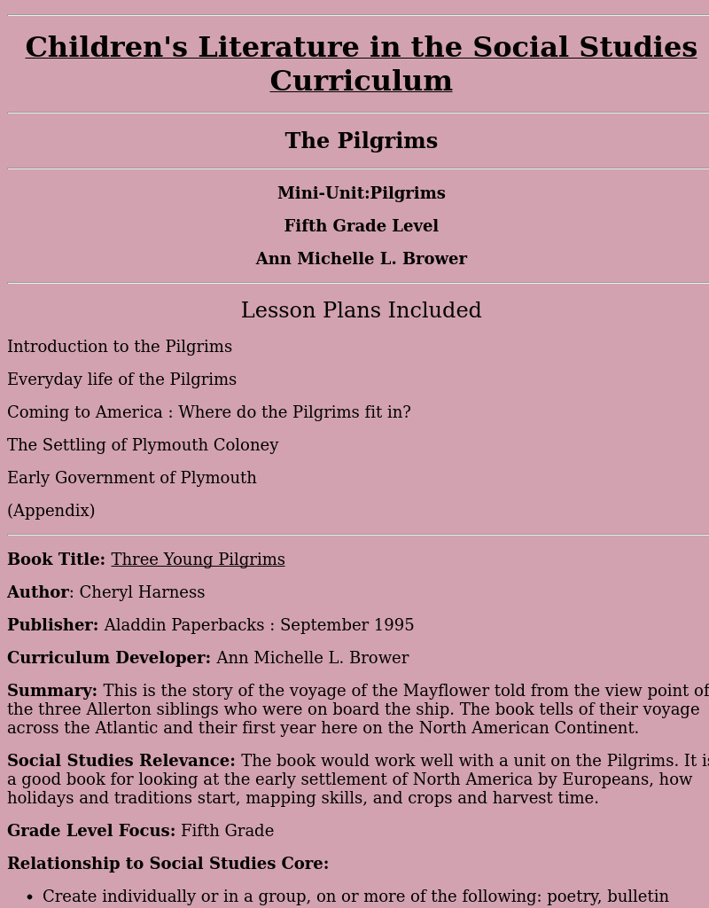 Three Young Pilgrims Lesson Plan Three Young Pilgrims Lesson Plan