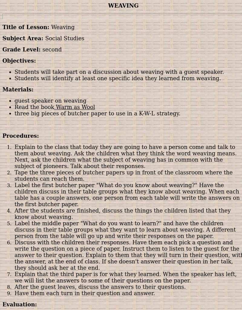 Weaving Lesson Plan Weaving Lesson Plan