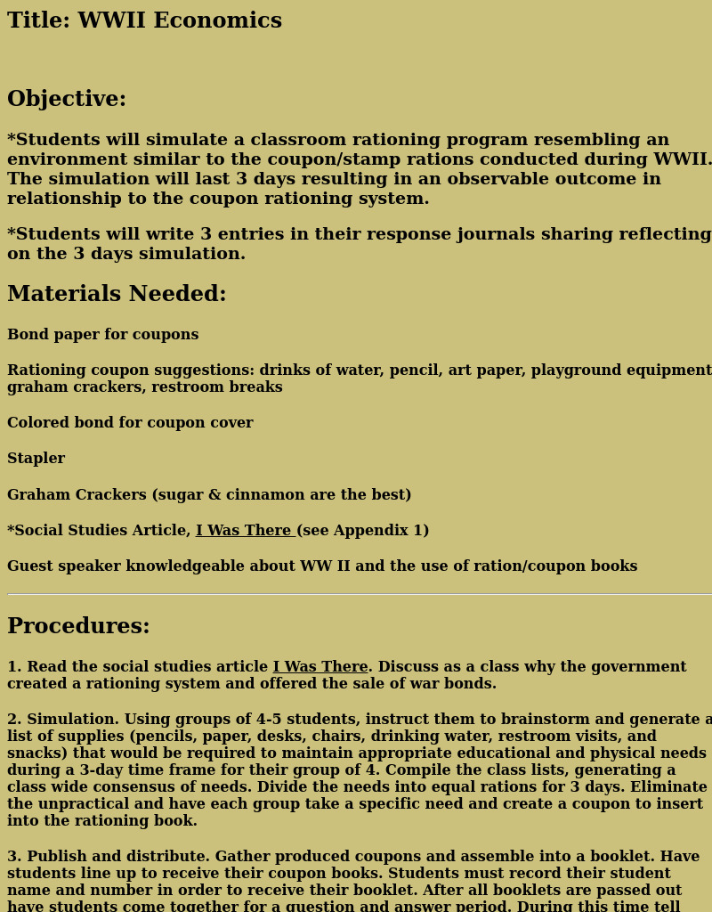 WWII Economics Lesson Plan WWII Economics Lesson Plan