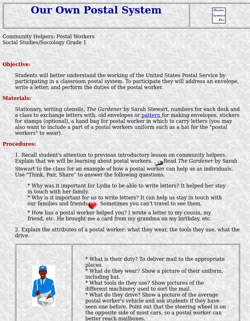 Our Own Postal System Lesson Plan Our Own Postal System Lesson Plan