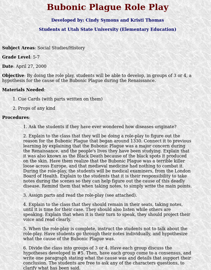 Bubonic Plague Role Play Lesson Plan Bubonic Plague Role Play Lesson Plan