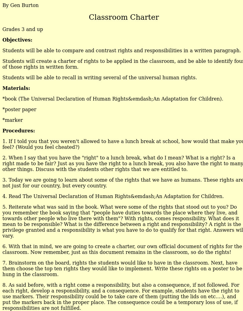 Classroom Charter Lesson Plan Classroom Charter Lesson Plan