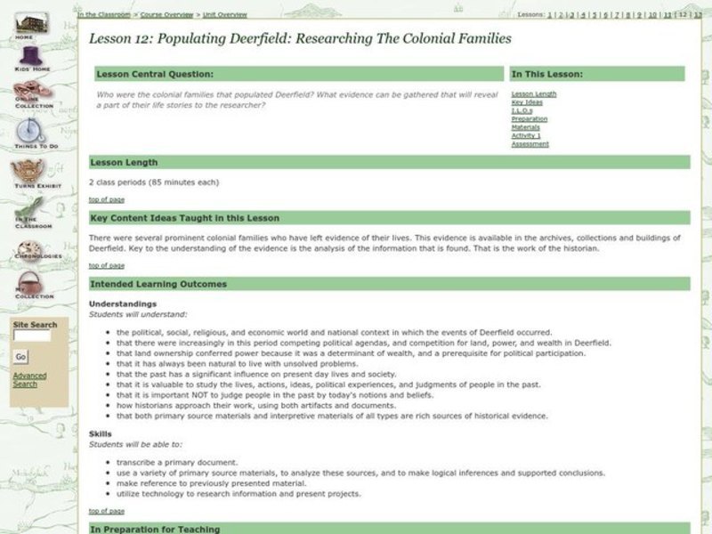 Populating Deerfield: A Workday for Researching the Colonial families Lesson Plan Populating Deerfield: A Workday for Researching the Colonial families Lesson Plan
