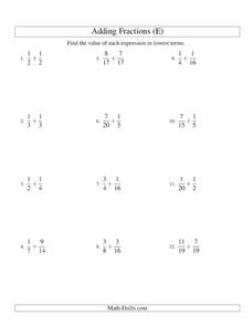Add Fractions (E) Worksheet Add Fractions (E) Worksheet