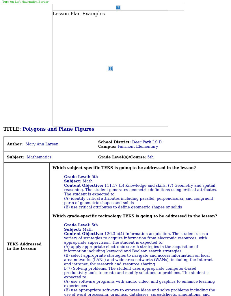 Polygons and Plane Figures Lesson Plan Polygons and Plane Figures Lesson Plan