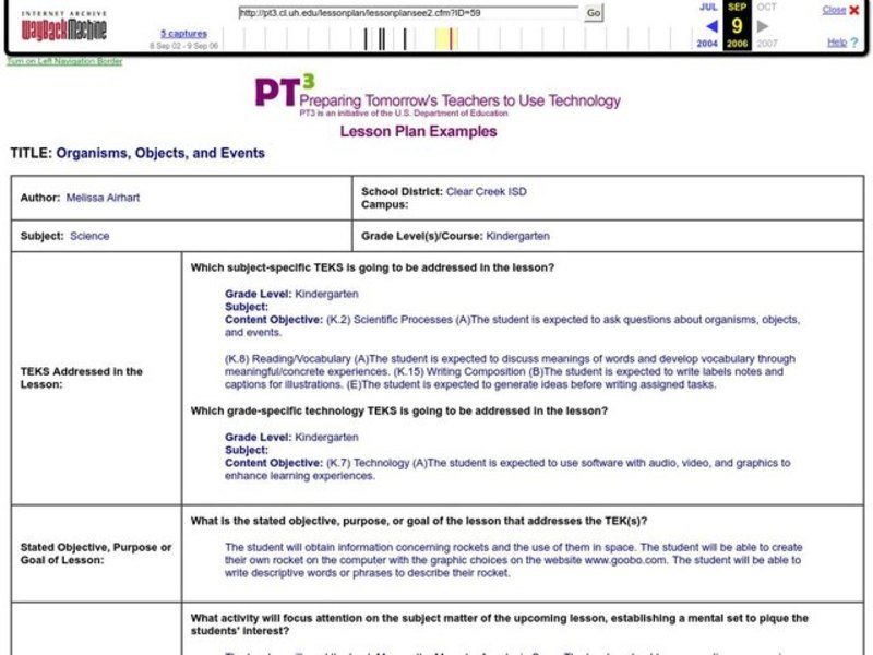 Organisms, Objects, and Events Lesson Plan Organisms, Objects, and Events Lesson Plan