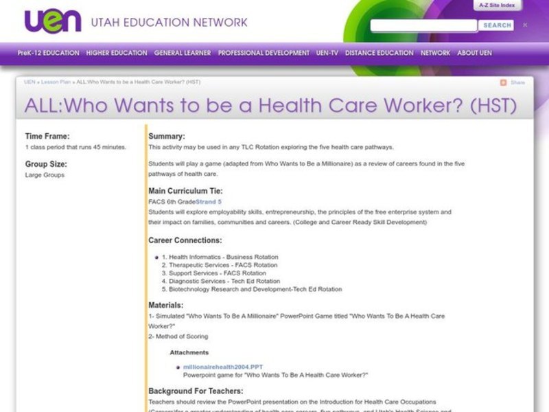 Who Wants to be a Health Care Worker? Lesson Plan Who Wants to be a Health Care Worker? Lesson Plan