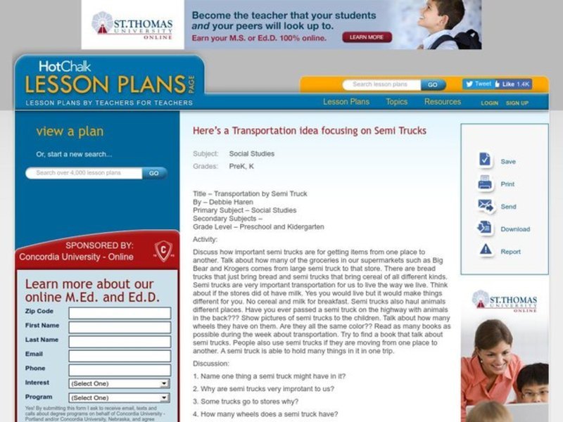 Transportation by Semi Truck Lesson Plan Transportation by Semi Truck Lesson Plan