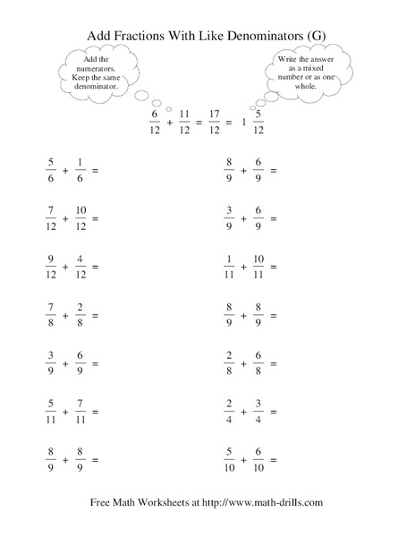 Add Fractions With Like Denominators (G) Worksheet Add Fractions With Like Denominators (G) Worksheet