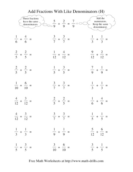 Add Fractions With Like Denominators (H) Worksheet Add Fractions With Like Denominators (H) Worksheet