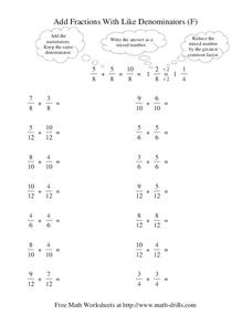 Add Fractions with Like Denominators (F) Worksheet Add Fractions with Like Denominators (F) Worksheet