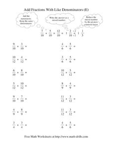 Add Fractions With Like Denominators (E) Worksheet Add Fractions With Like Denominators (E) Worksheet