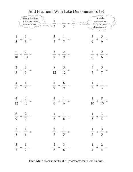 Add Fractions With Like Denominators (F) Worksheet Add Fractions With Like Denominators (F) Worksheet