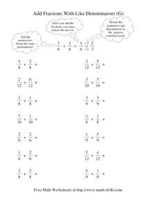 Add Fractions With Like Denominators (G) Worksheet Add Fractions With Like Denominators (G) Worksheet