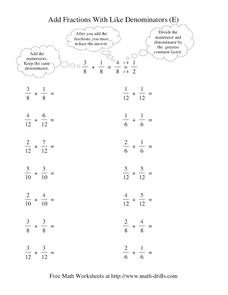 Add Fractions With Like Denominators (E) Worksheet Add Fractions With Like Denominators (E) Worksheet