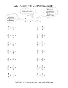 Add Fractions With Like Denominators (H) Worksheet Add Fractions With Like Denominators (H) Worksheet