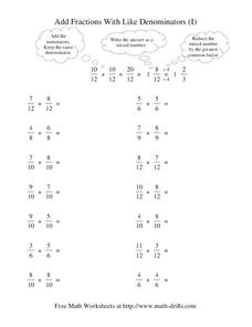 Add Fractions With Like Denominators (I) Worksheet Add Fractions With Like Denominators (I) Worksheet