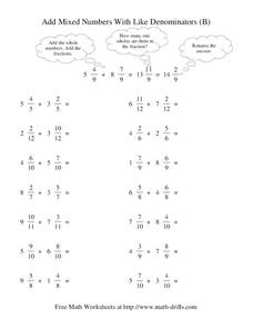 Add Mixed Numbers With Like Denominators (B) Worksheet Add Mixed Numbers With Like Denominators (B) Worksheet