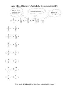 Add Mixed Numbers With Like Denominators (D) Worksheet Add Mixed Numbers With Like Denominators (D) Worksheet