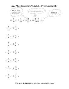 Add Mixed Numbers With Like Denominators (E) Worksheet Add Mixed Numbers With Like Denominators (E) Worksheet