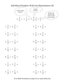 Add Mixed Numbers With Like Denominators (E) Worksheet Add Mixed Numbers With Like Denominators (E) Worksheet