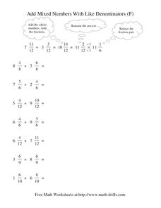 Add Mixed Numbers With Like Denominators (F) Worksheet Add Mixed Numbers With Like Denominators (F) Worksheet