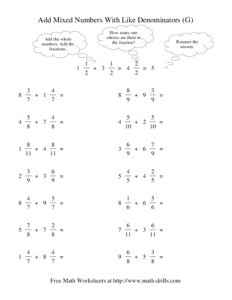 Add Mixed Numbers with Like Denominators (G) Worksheet Add Mixed Numbers with Like Denominators (G) Worksheet