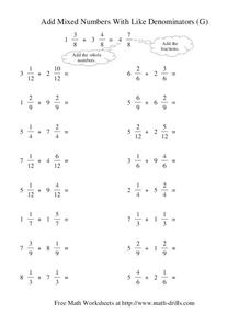 Add Mixed Numbers With Like Denominators (G) Worksheet Add Mixed Numbers With Like Denominators (G) Worksheet