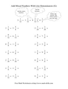 Add Mixed Numbers With Like Denominators (G) Worksheet Add Mixed Numbers With Like Denominators (G) Worksheet