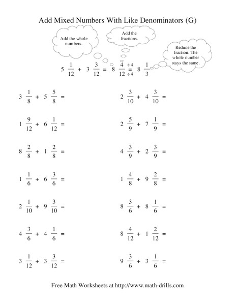 Add Mixed Numbers With Like Denominators (G) Worksheet Add Mixed Numbers With Like Denominators (G) Worksheet