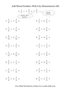 Add Mixed Numbers With Like Denominators (H) Worksheet Add Mixed Numbers With Like Denominators (H) Worksheet