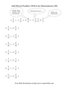 Add Mixed Numbers With Like Denominators (H) Worksheet Add Mixed Numbers With Like Denominators (H) Worksheet