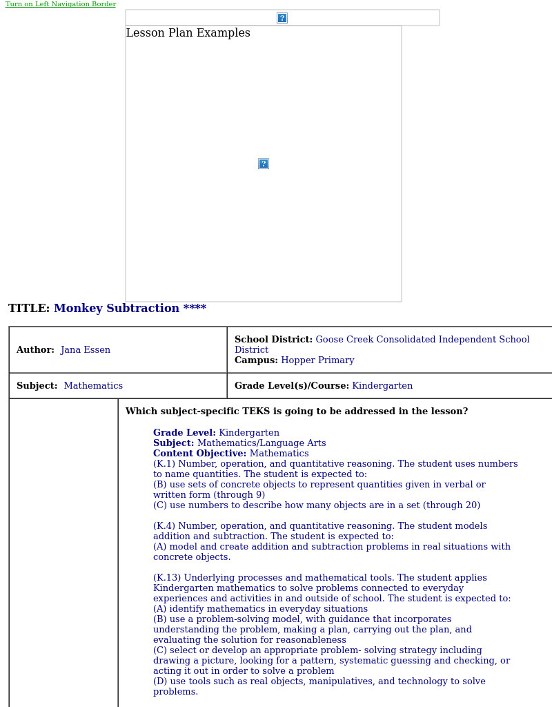 Monkey Subtraction Lesson Plan Monkey Subtraction Lesson Plan